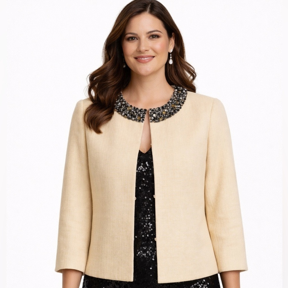 Talbots, Cream Women's Blazer with Embellished beaded Collar, Size 16w